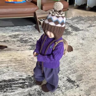 韩版男童2026冬季新款复古紫色刺绣麻花针织毛衣儿童灯芯绒直筒裤
