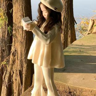 喇叭裤 韩版 女宝宝温柔风毛衣开衫 女童2024秋冬新款 潮 杏色针织套装
