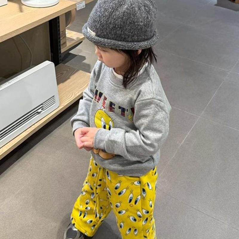 韩版女童2025秋冬新款灰色卡通小黄鸭加绒卫衣儿童黄色小鸭直筒裤