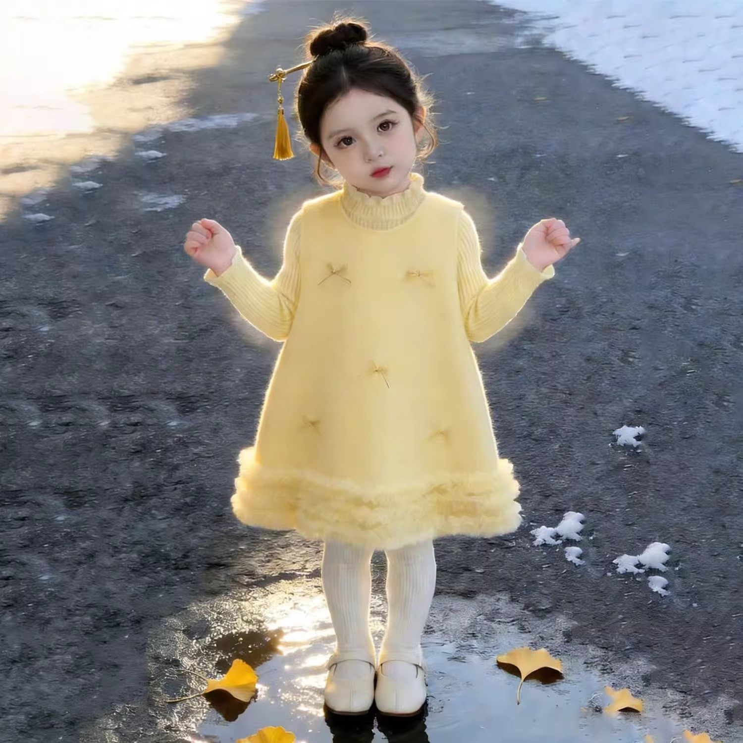 法式女童2026冬季新款小香风奶黄色蝴蝶结背心裙小女孩礼服连衣裙