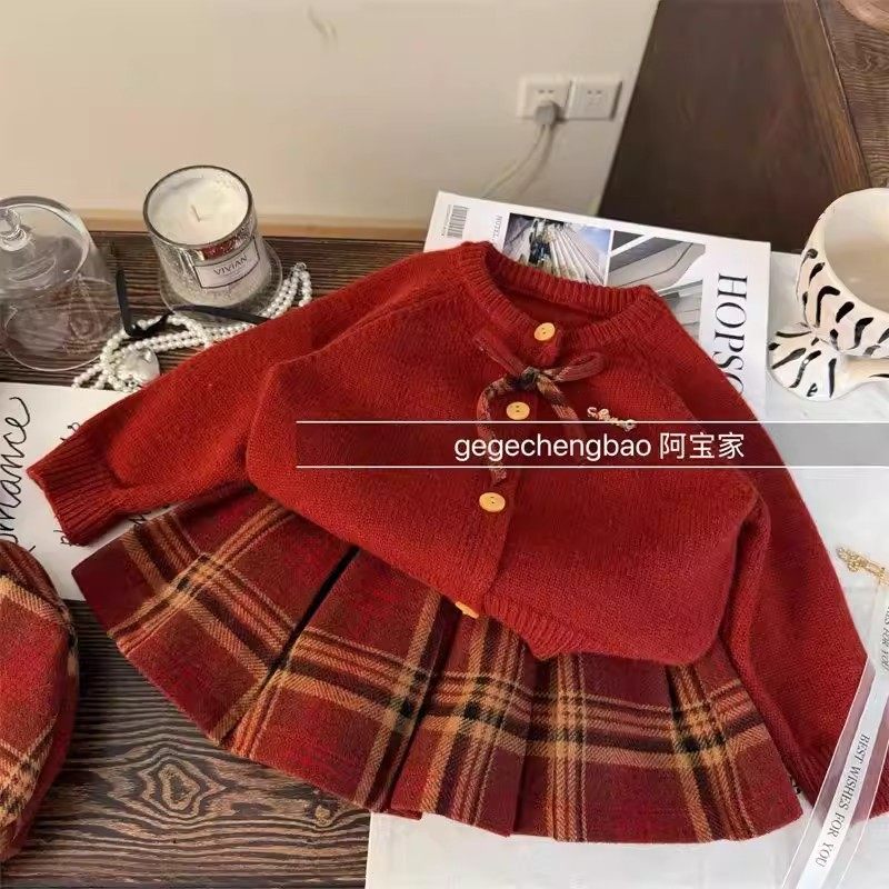 韩版女童2025冬季新年战袍红色蝴蝶结毛衣开衫小女孩格纹百褶半裙,童装/婴儿装/亲子装,套装,淘宝优惠券,粉丝福利购,淘宝优惠卷