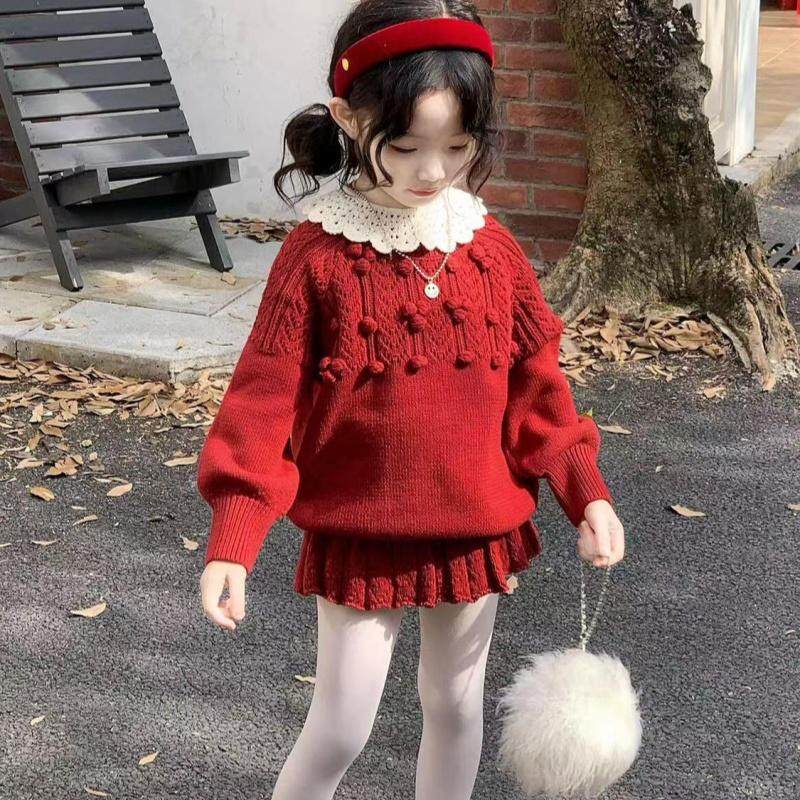 韩国童装2025秋冬新年红色针织套装女童镂空球球加厚套头毛衣短裙