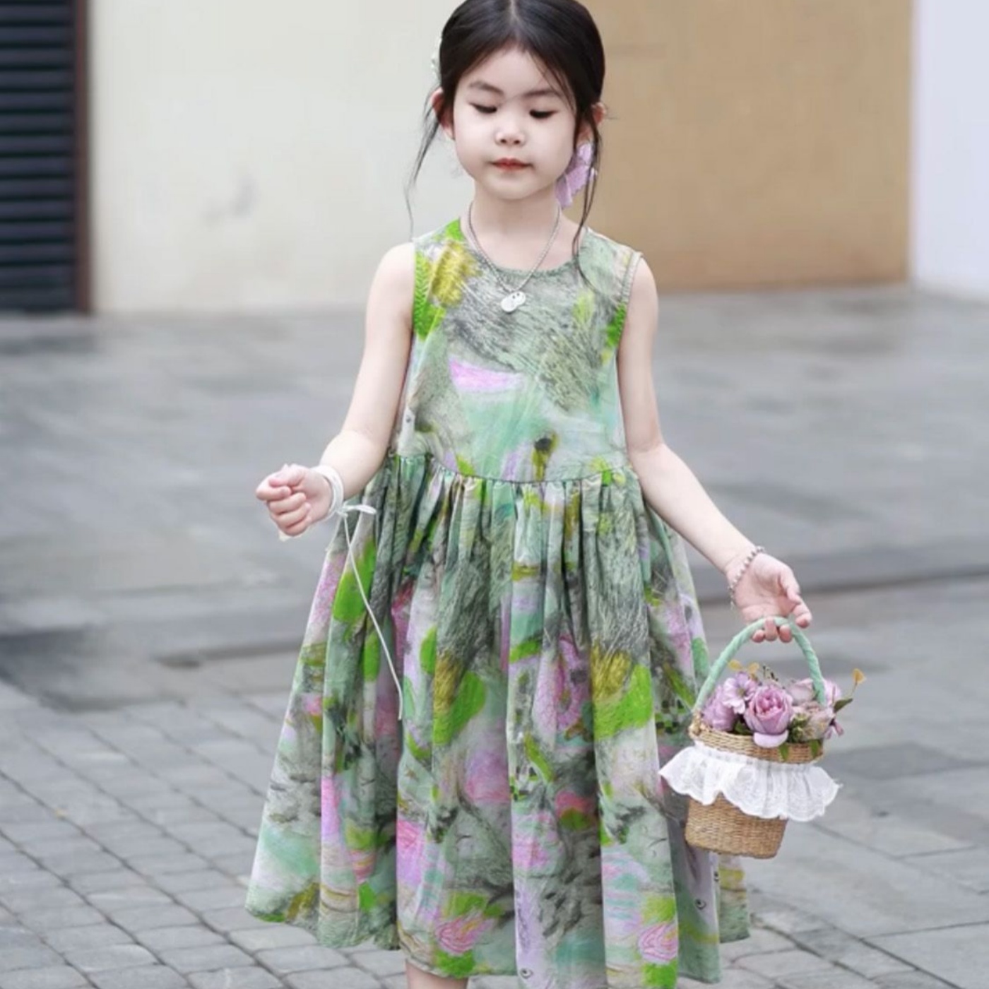 韩版女童2025夏季新款绿色可爱印花背心裙小女孩田园风碎花公主裙