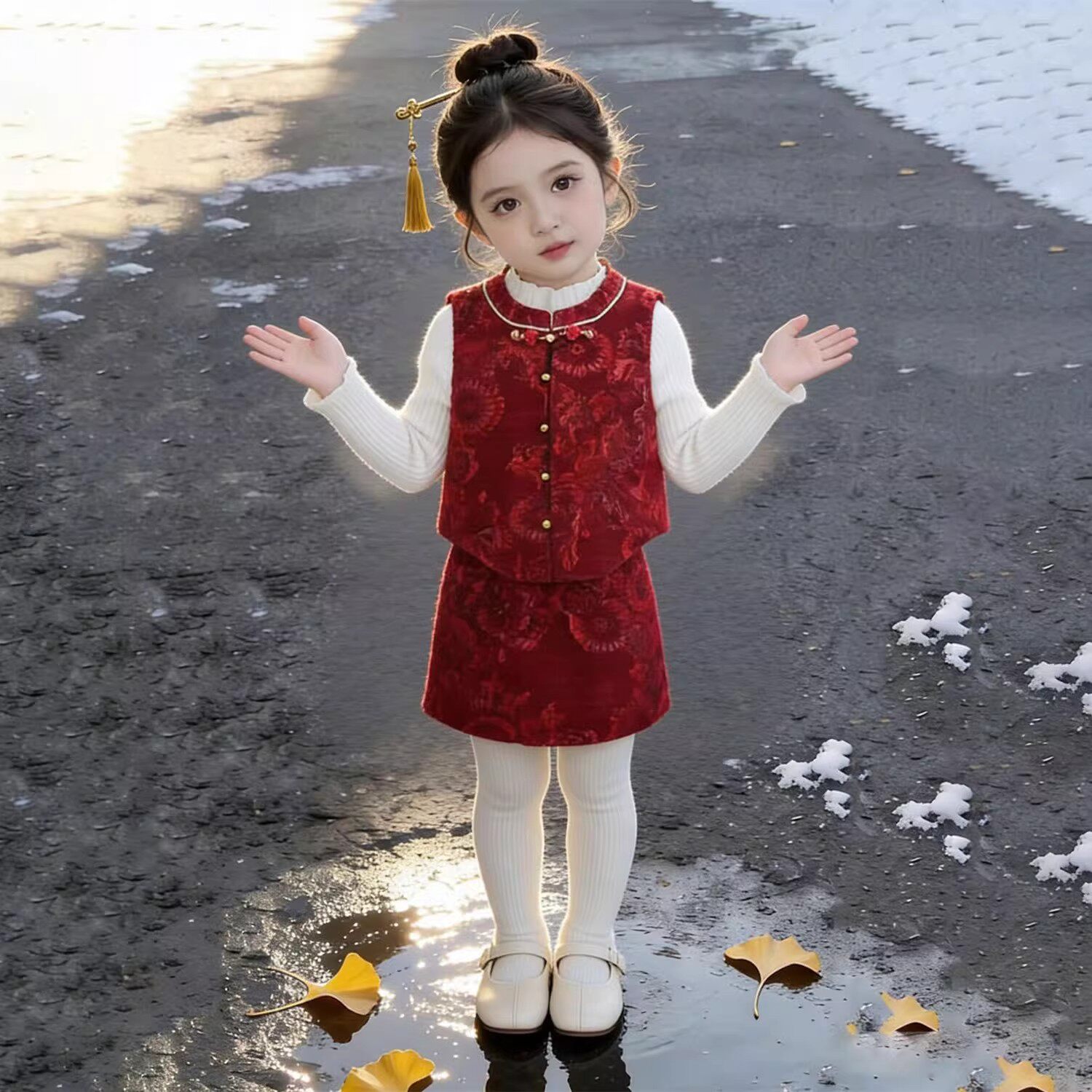 女童喜庆新年战袍套装202冬季红色提花旗袍马甲女孩半身裙两件套
