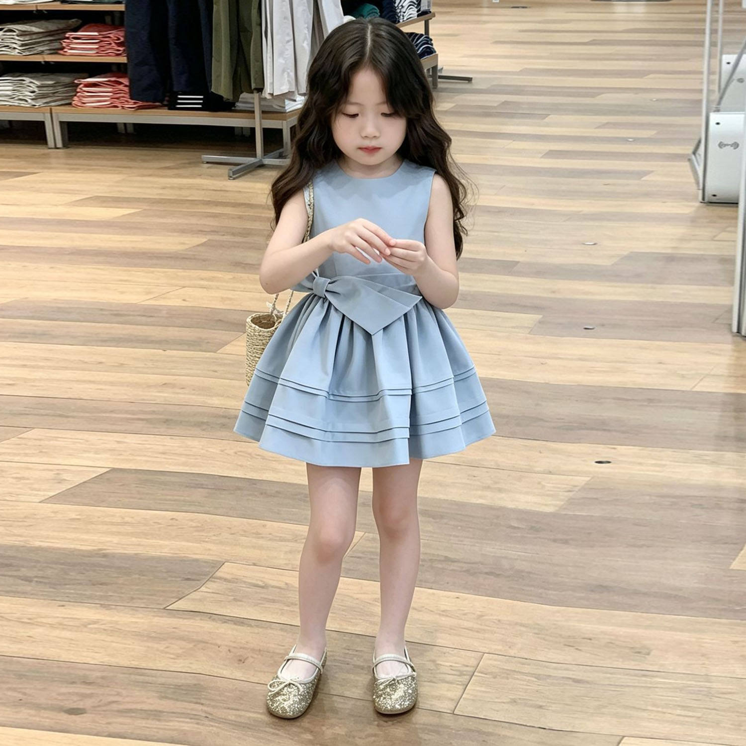 韩版女童夏季蓝色蝴蝶结收腰短裙