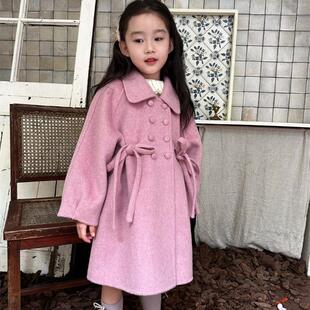 韩国童装2025秋冬新款粉色蝴蝶结呢子大衣外套女童中长款毛呢外套