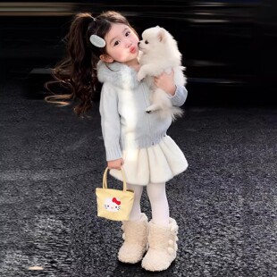 韩版女童2025冬季新款蓝色毛领连帽拉链毛衣外套小女孩毛绒半身裙