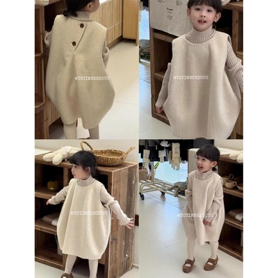 韩版女童冬季米色毛呢加厚背心裙