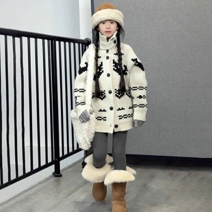 韩版女童2025冬季新款复古费尔岛粗针毛衣开衫小女孩高领加厚外套