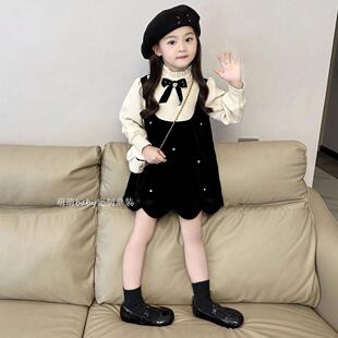 韩国童装2025秋冬新款黑色丝绒亮钻连衣裙女童赫本风假两件公主裙