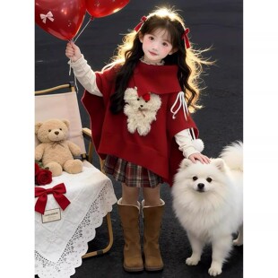 韩版女童2025冬季新年红色小狗翻领斗篷毛衣小女孩格纹加绒半身裙