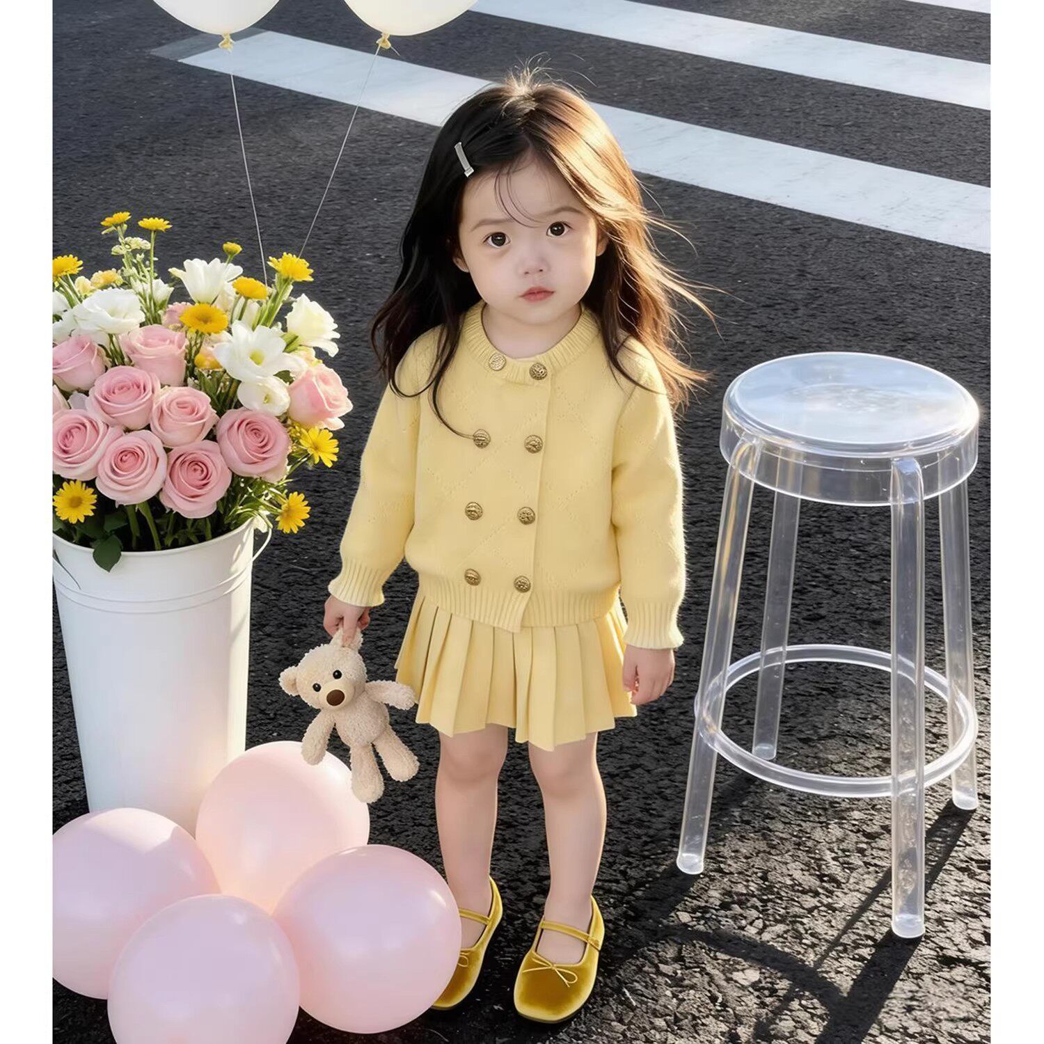 韩国童装2026春季新款可爱奶黄色薄款针织开衫女童毛衣百褶裙套装