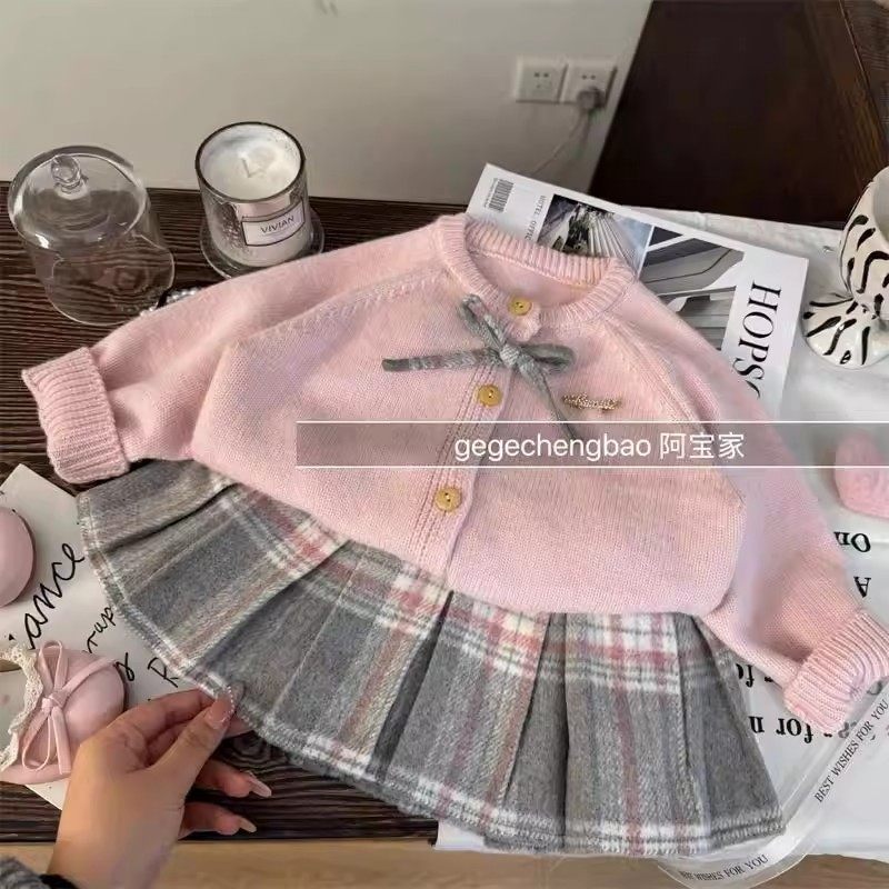韩版女童2026冬季新款粉色蝴蝶结针织毛衣女孩格纹百褶半裙两件套,童装/婴儿装/亲子装,套装,淘宝优惠券,粉丝福利购,淘宝优惠卷