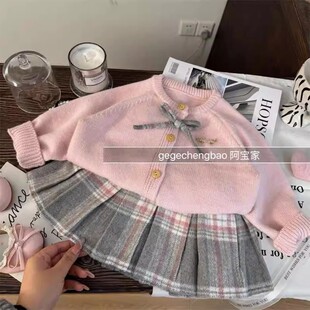 韩版女童2026冬季新款粉色蝴蝶结针织毛衣女孩格纹百褶半裙两件套