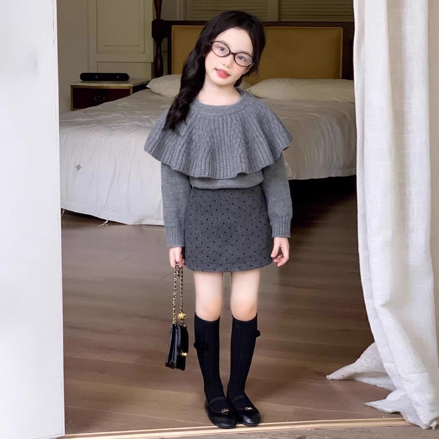 韩版女童2025冬季新款灰色荷叶领针织毛衣小女孩波点毛呢半身裙子