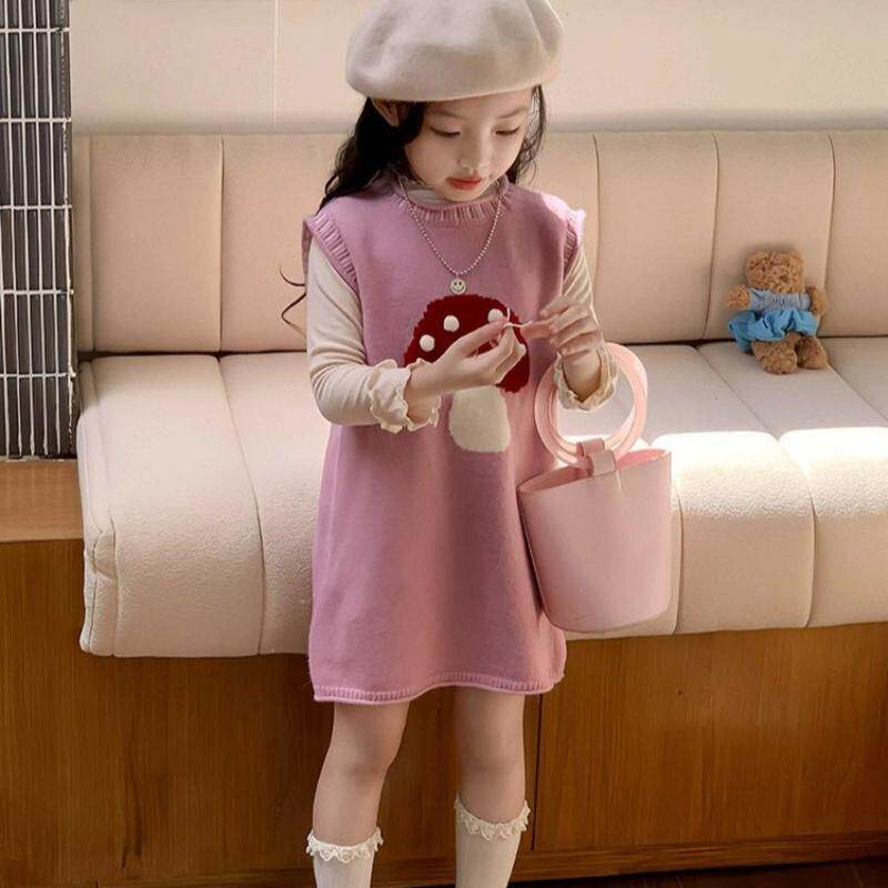 韩国童装2026春季新款粉色立体蘑菇针织背心裙女童杏色打底两件套