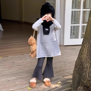 韩版女童2025秋季新款灰色针织连帽马甲背心裙女孩黑色条纹喇叭裤