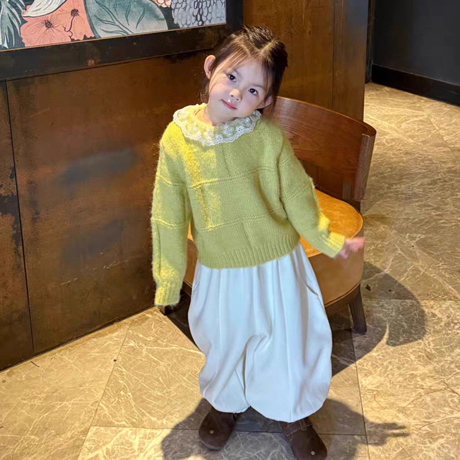 韩版女童秋冬甜美黄绿色加厚毛衣