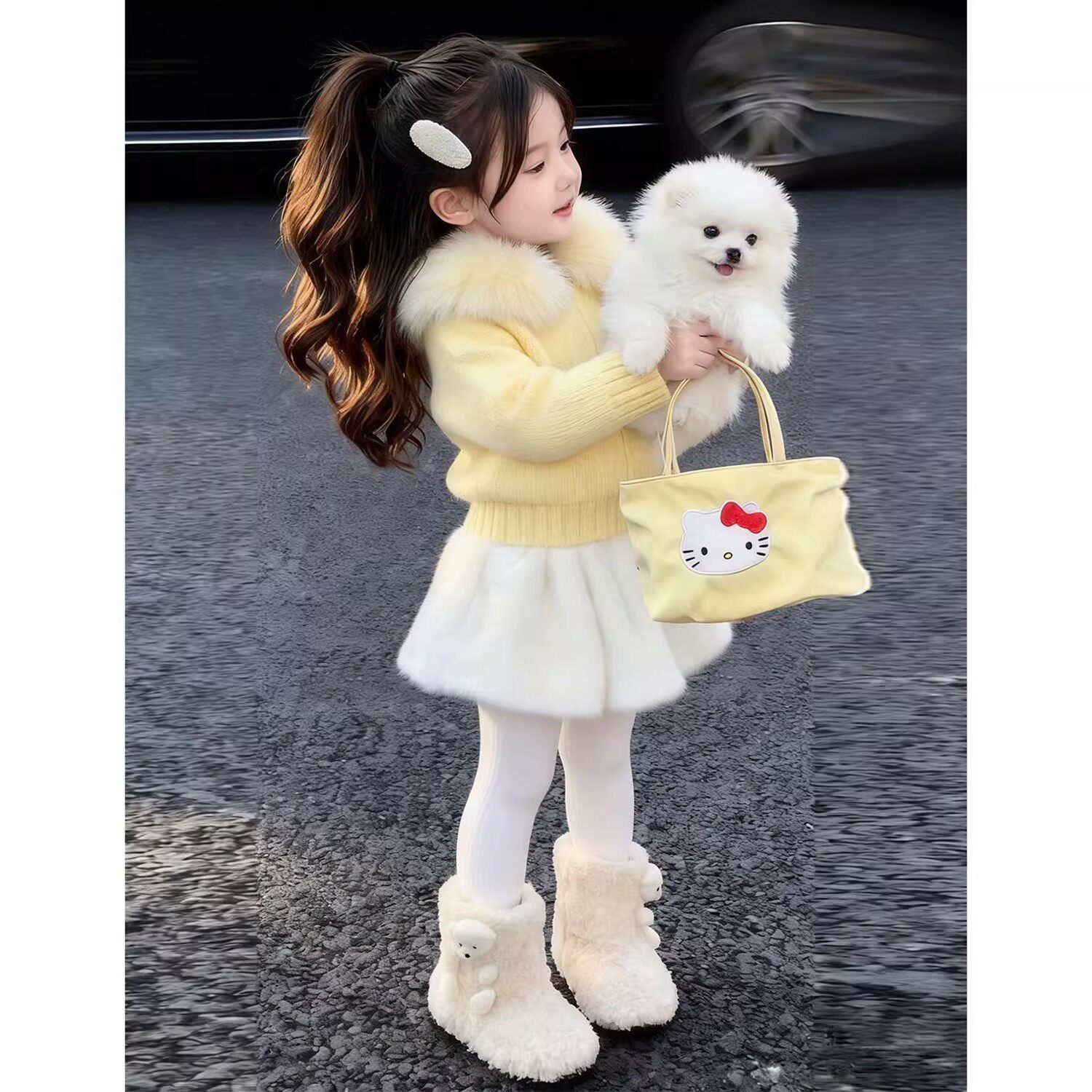 韩版女童2025冬季新款奶黄色毛领连帽拉链毛衣外套女孩毛绒半身裙