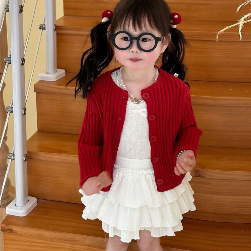 韩版女童2026春季白色蕾丝背心蛋糕裙女宝宝红色坑条针织开衫外套