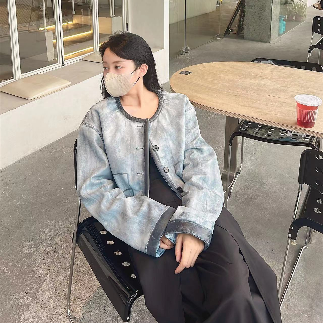 HERDERS 擦色系列水墨蓝牛仔色复古短款韩版皮衣外套 245788