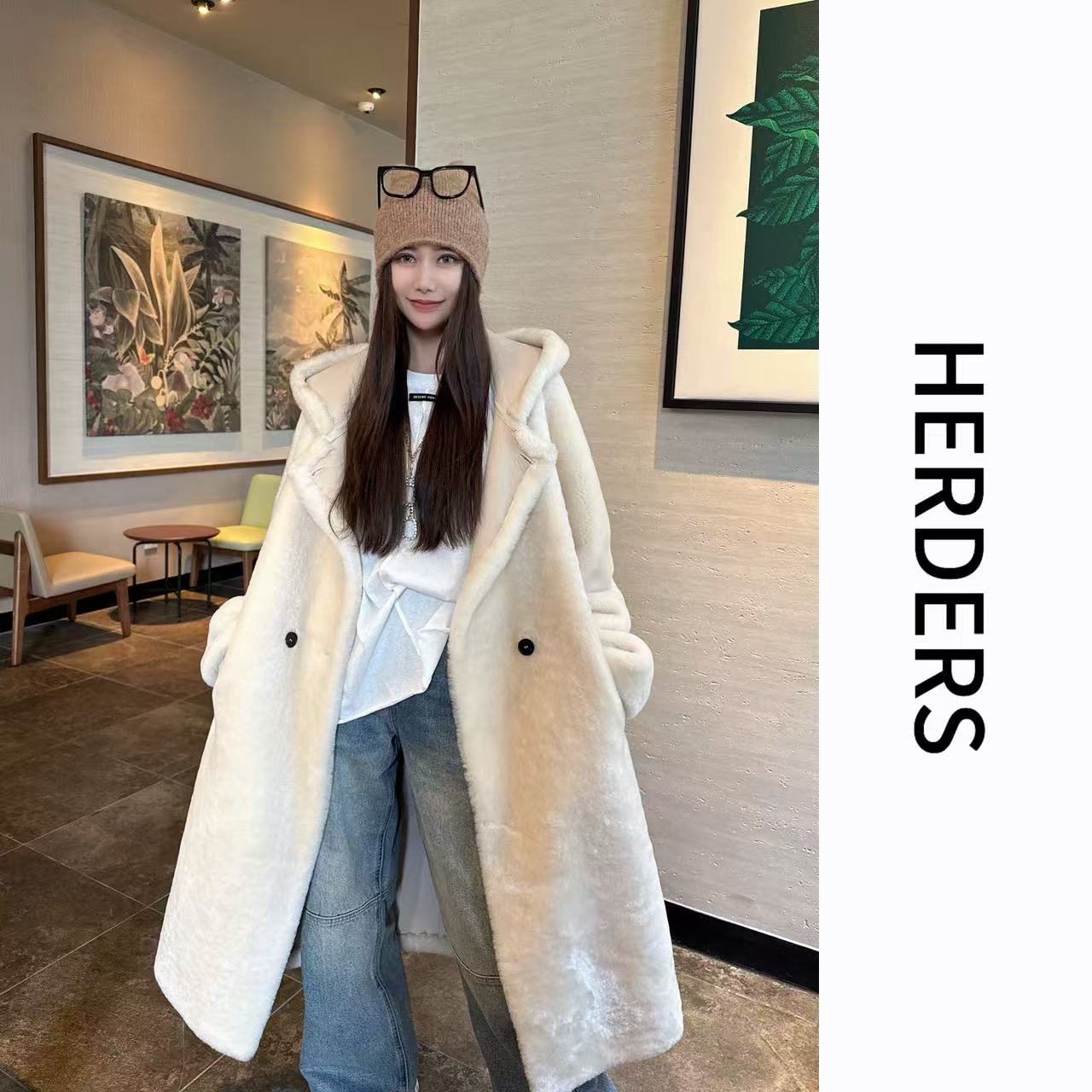 HERDERS 长款连帽纽扣款皮毛一体皮草外套 40868