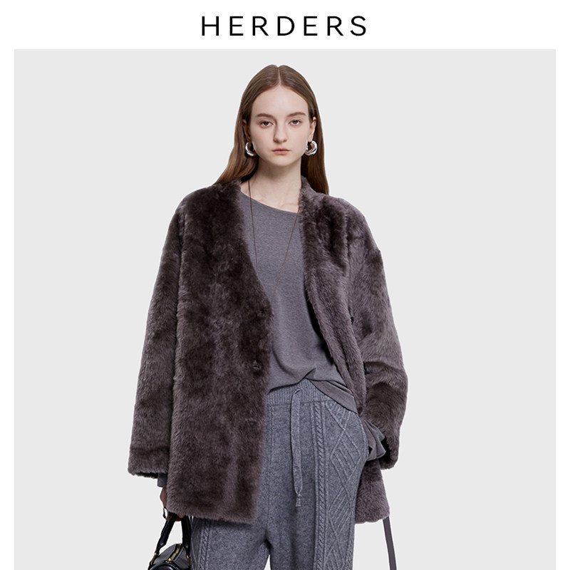 HERDERS 2026春季中长款V领腰带绵羊皮毛一体外套 52283