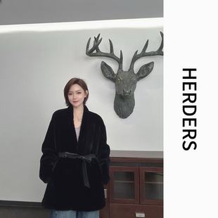 247293 V领皮毛一体外套 HERDERS 黑色中长款