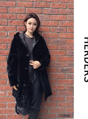 HERDERS 中长款两面穿连帽顶奢拉贡皮草外套 40570