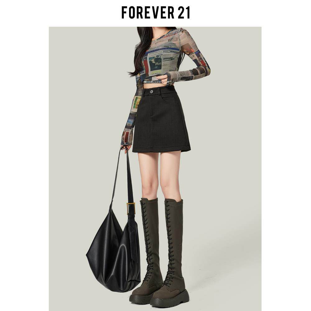 Forever21赫本风黑色高腰毛呢半身裙2023新款秋冬季A字包臀短裙子