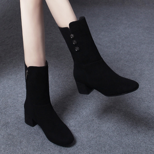 2025新款女士中筒靴女靴子女鞋冬马丁靴女款绒面羊皮鞋短靴瘦瘦靴