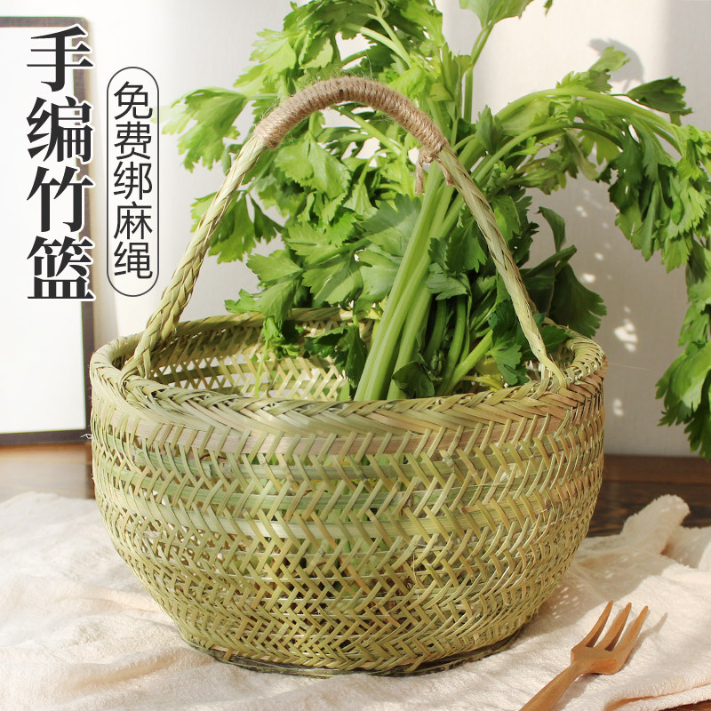 圆篮子手工竹编竹篮子织手提菜篮鸡蛋篮水果收纳竹筐竹编竹器,特色手工艺,竹编/竹雕,淘宝优惠券,粉丝福利购,淘宝优惠卷