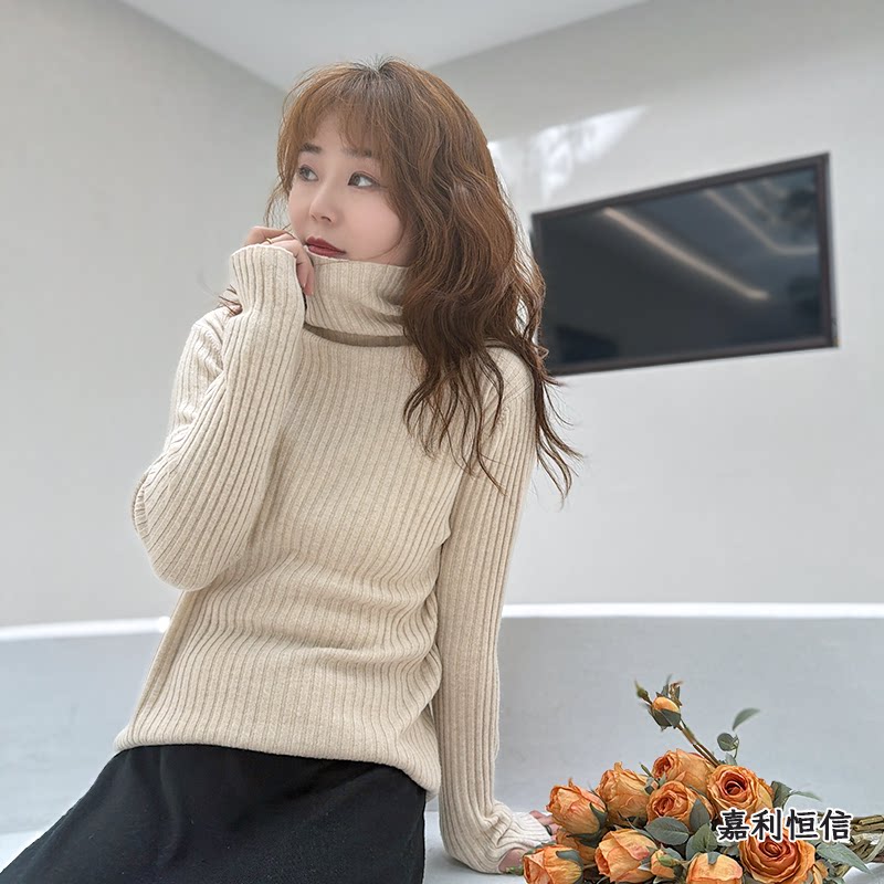 【匠心工艺】纯山羊绒简约大气修身女式抽条高领套头衫