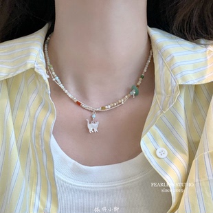 甜美小清新锁骨链女网红百搭颈链 多巴胺双层彩色串珠猫咪项链夏季