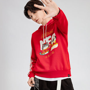 阿迪达斯卫衣红色男装2024春新款吾皇万睡联名款连帽套头衫GS5186