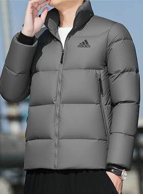 阿迪达斯灰色羽绒服男款宽松防风男士面包服立领加厚外套KF6761