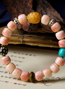 原创藏饰血丝骨头手链 文玩龟背骨头波点天珠民族风手串