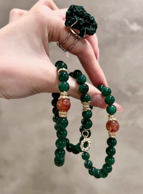 高端墨绿色绿干青手串女款天然红花胶水晶串珠手链轻奢