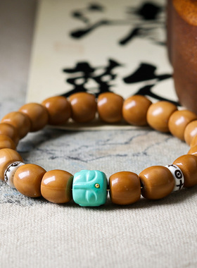原创设计猴头核桃单圈手链 文玩菱镁矿松石佛头中式手串