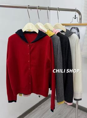 【英英Chili】撞色带帽假两件韩系100全羊毛减龄针织毛衣 01.03