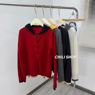【英英Chili】撞色带帽假两件韩系100全羊毛减龄针织毛衣 01.03