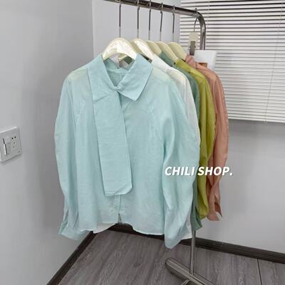【英英Chili】飘带韩系简约天丝苎麻设计师款宽松衬衫 03.26