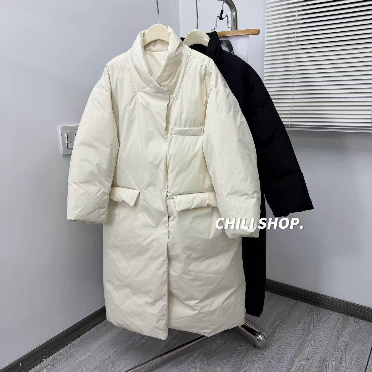 【英英Chili】日系极简风宽松立领90白鹅绒长款羽绒服CM 12.19