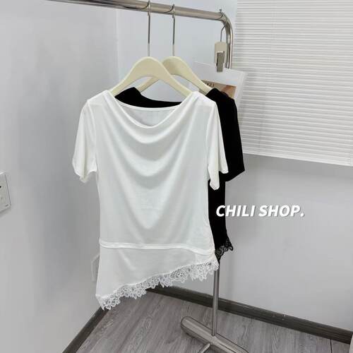 【英英Chili】天丝露肩韩系荡领气质蕾丝不规则下摆短袖T恤 05.19