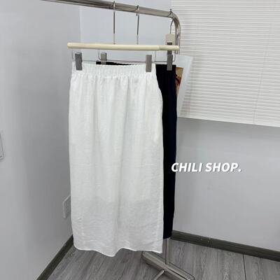 【英英Chili】极简松紧腰韩系休闲百搭直筒亚麻半身裙C 05.21
