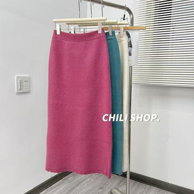【英英Chili】花边下摆韩系松紧腰浣熊绒直筒百搭针织半身裙10.30