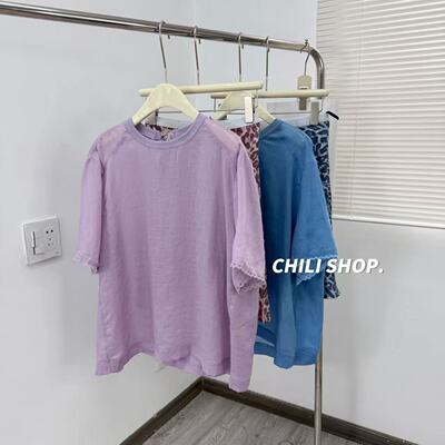 【英英Chili】 豹纹韩系慵懒风休闲设计师款苎麻T恤套装 06.27