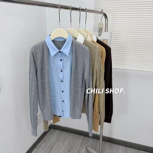 【英英Chili】假两件设计拼接衬衫休闲韩系超细针织毛衣Q 09.08