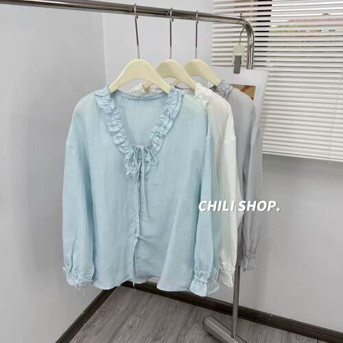 【英英Chili】天丝苎麻韩系花边V领系带减龄休闲宽松衬衣x 04.08