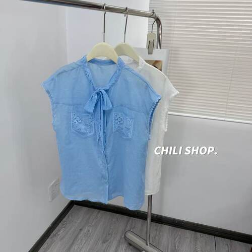 【英英Chili】系带韩系小飞袖减龄设计师款苎麻宽松衬衣F 06.15
